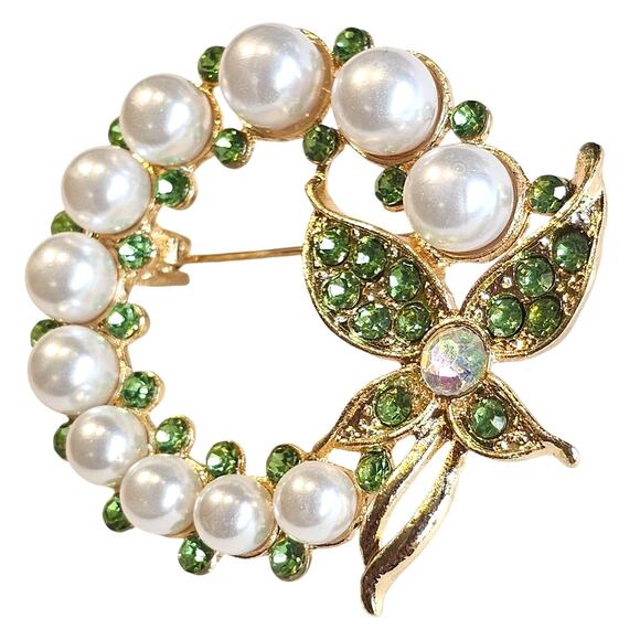 Green Brooch Pin Faux Pearl Rhinestone Butterfly Gold Tone Wreath Gift Box - Picture 3 of 10
